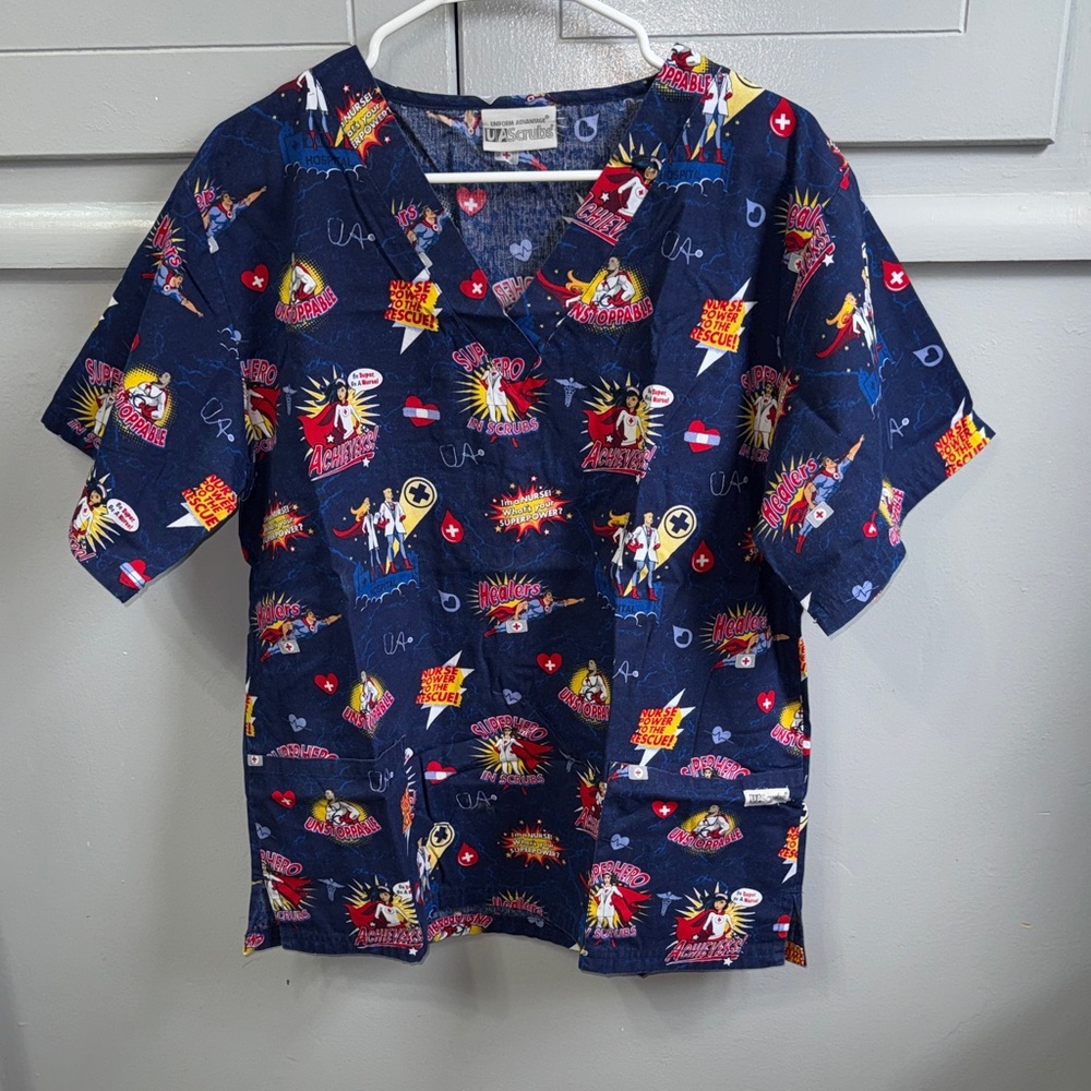 UA Scrubs Navy Blue Comic Print Women’s Medical Scrub Top